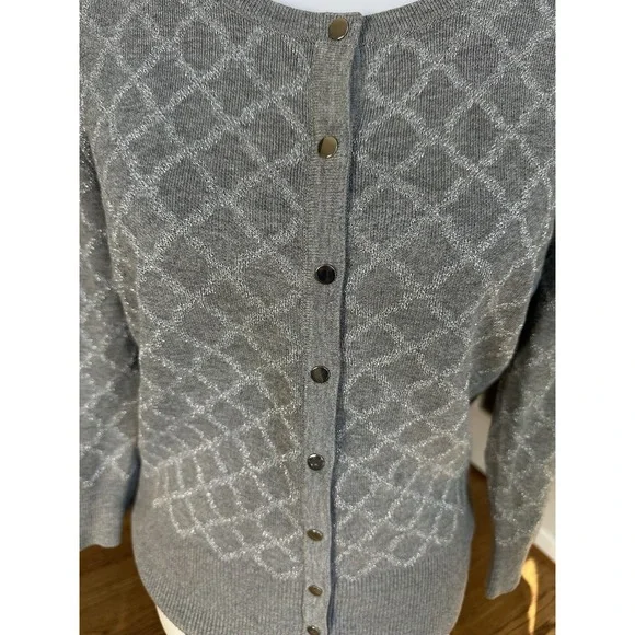 White House Black Market Gray Metallic Button Cardigan Sweater Women's M - Picture 2 of 7